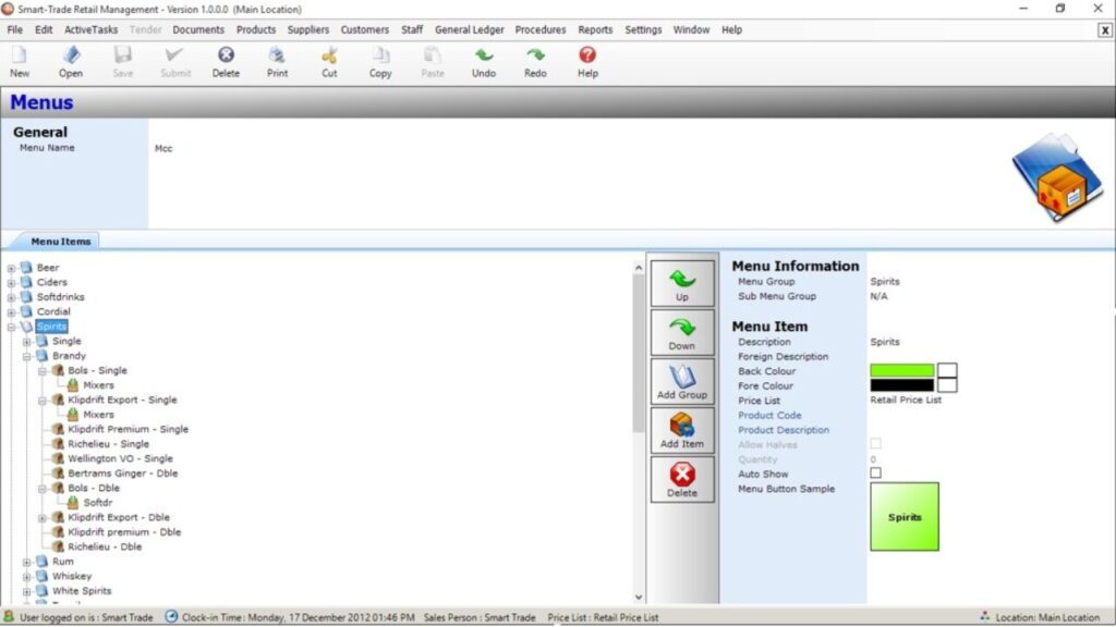 Create menu screen image for KeyWord Smart-Trade restaurant POS